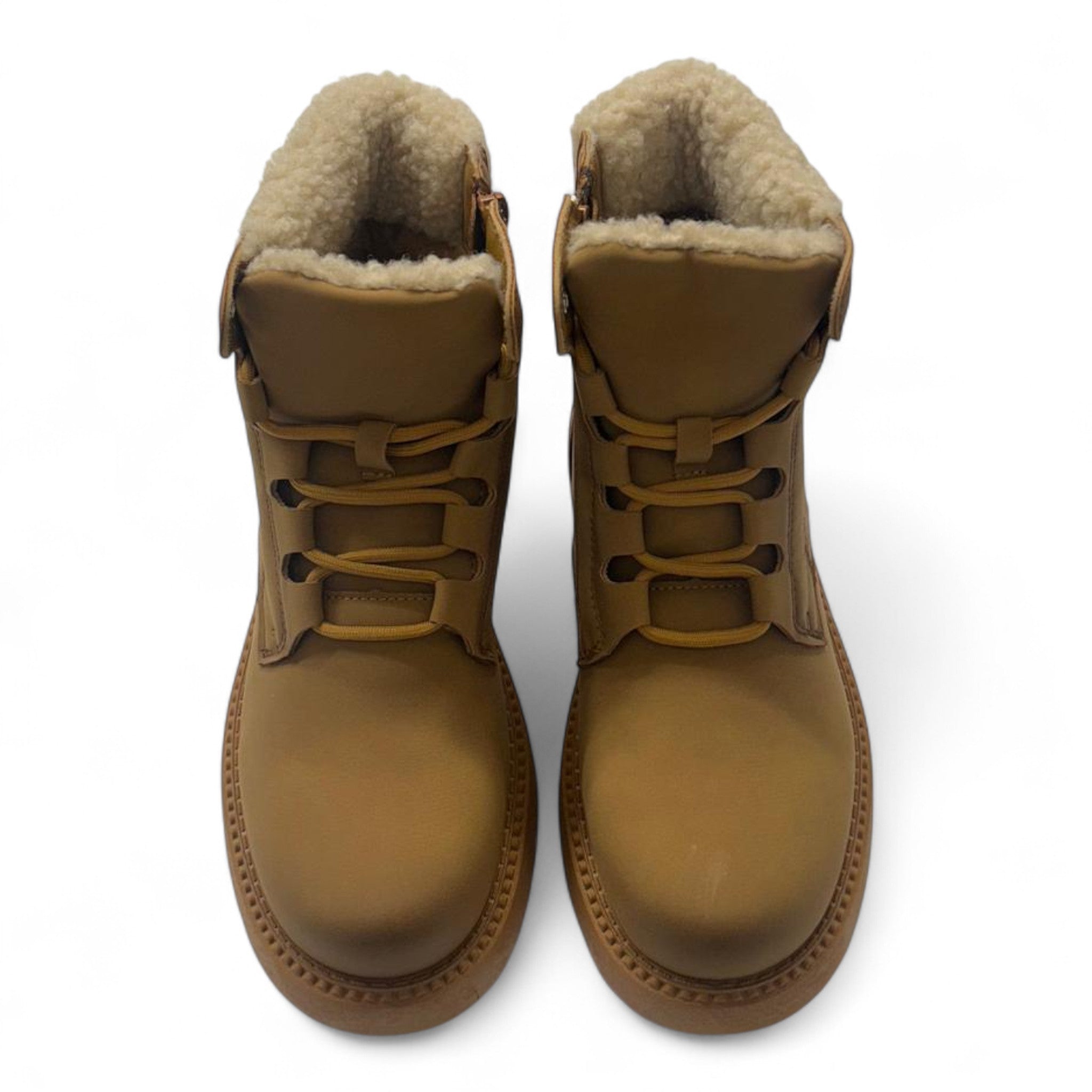 Ladies Tan fleece-lined ankle boots with side zip and warm faux fur collar – stylish winter boots for women.